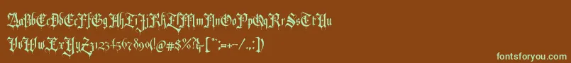 フォントRevolverBlackletter Regular – 緑色の文字が茶色の背景にあります。