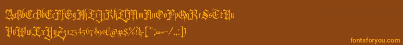 Weitere Informationen zur RevolverBlackletter Regular-Schriftart RevolverBlackletter Regular-Schriftart – Orangefarbene Schriften auf braunem Hintergrund