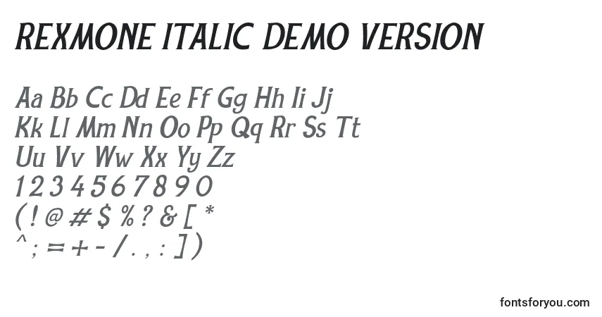 Schriftart REXMONE ITALIC DEMO VERSION – Alphabet, Zahlen, spezielle Symbole