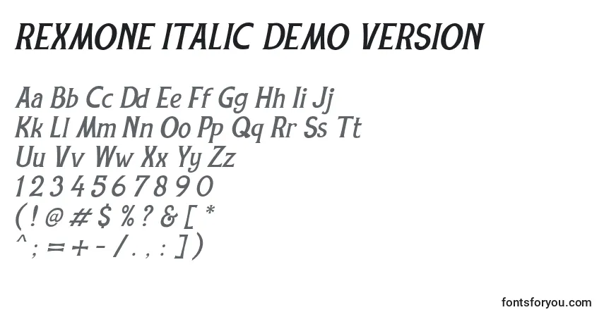 A fonte REXMONE ITALIC DEMO VERSION (138620) – alfabeto, números, caracteres especiais