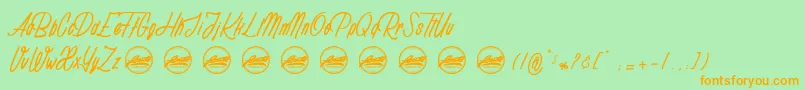 Weitere Informationen zur Rhapsodize PersonalUseOnly-Schriftart Rhapsodize PersonalUseOnly-Schriftart – Orangefarbene Schriften auf grünem Hintergrund
