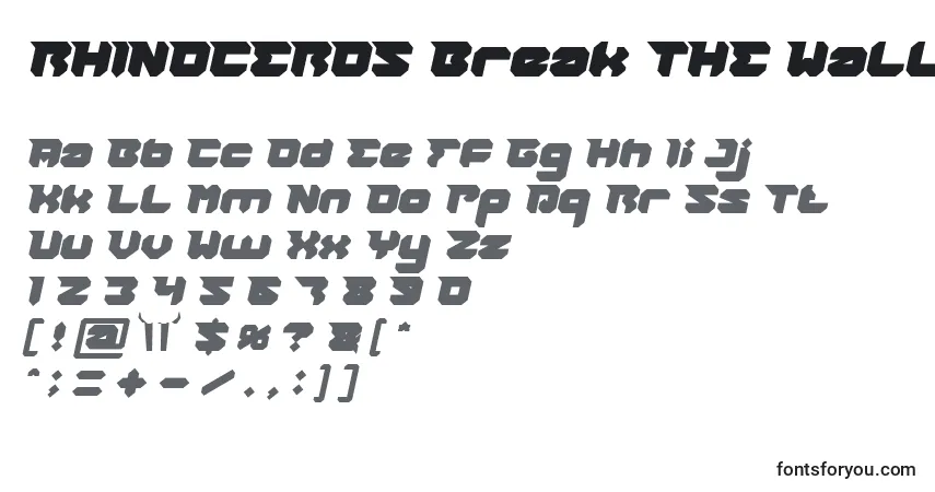 A fonte RHINOCEROS Break THE Wall Bold Italic – alfabeto, números, caracteres especiais