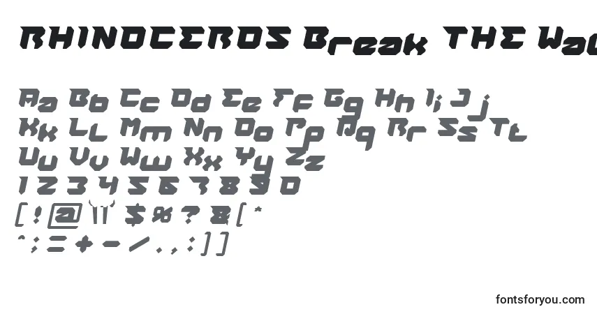 A fonte RHINOCEROS Break THE Wall Italic – alfabeto, números, caracteres especiais