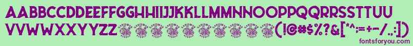 Riborn Stamp Demo-fontti – violetit fontit vihreällä taustalla