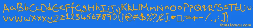 フォントRich s Riting – オレンジ色の文字が青い背景にあります。