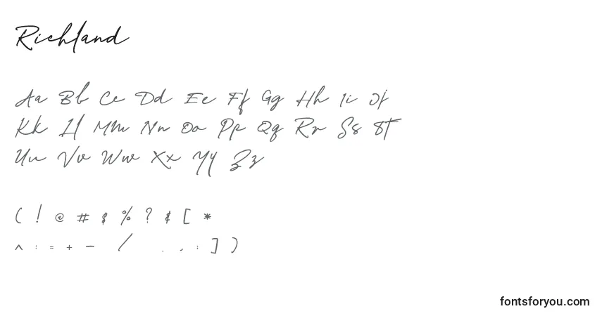 Schriftart Richland (138675) – Alphabet, Zahlen, spezielle Symbole