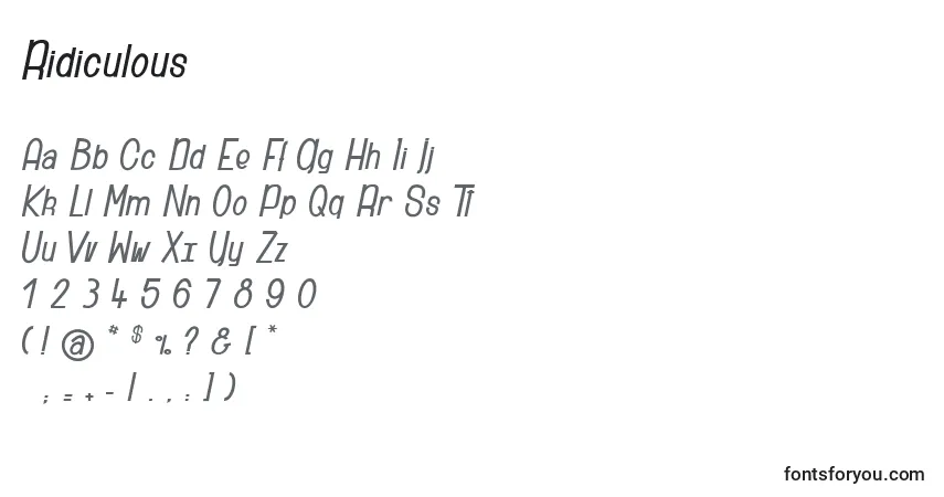 Czcionka Ridiculous – alfabet, cyfry, specjalne znaki