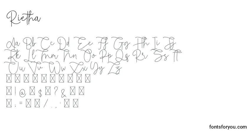 A fonte Rietha – alfabeto, números, caracteres especiais