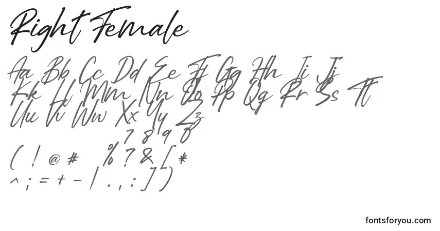 Schriftart Right Female – Alphabet, Zahlen, spezielle Symbole