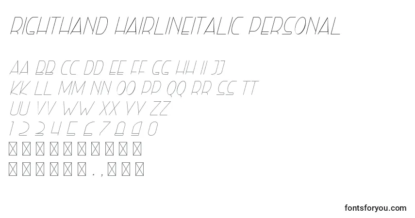 Шрифт Righthand hairlineitalic personal – алфавит, цифры, специальные символы