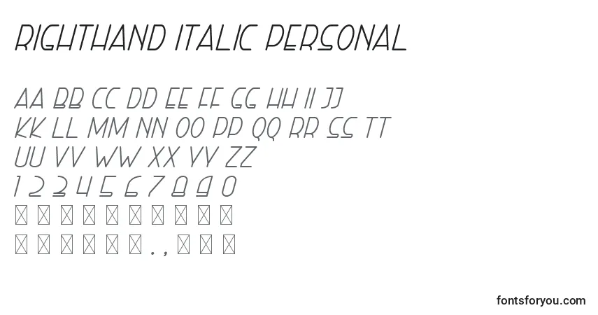 Schriftart Righthand italic personal – Alphabet, Zahlen, spezielle Symbole