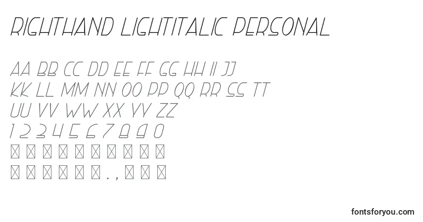 Schriftart Righthand lightitalic personal – Alphabet, Zahlen, spezielle Symbole