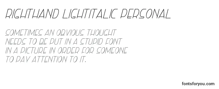 Überblick über die Schriftart Righthand lightitalic personal