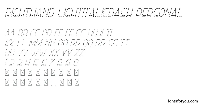Czcionka Righthand lightitalicdash personal – alfabet, cyfry, specjalne znaki