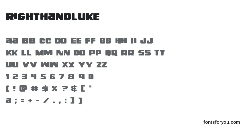 A fonte Righthandluke (138719) – alfabeto, números, caracteres especiais
