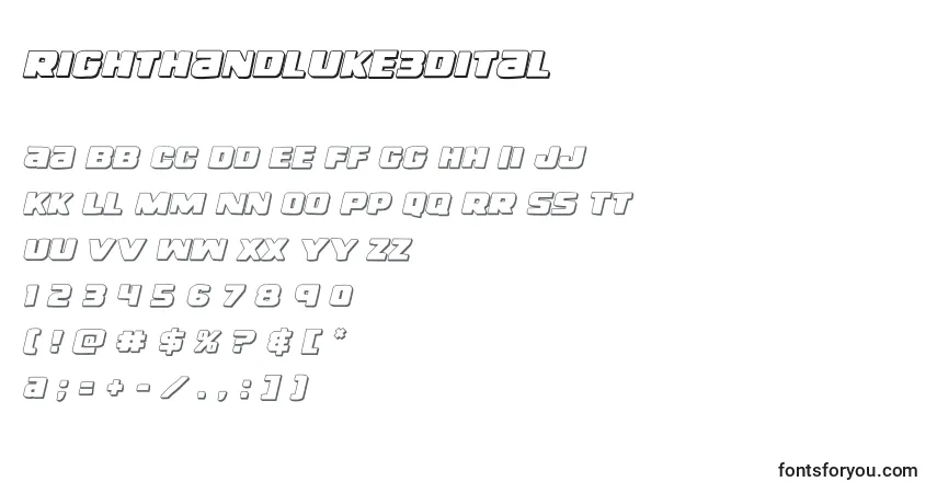 Schriftart Righthandluke3dital (138722) – Alphabet, Zahlen, spezielle Symbole