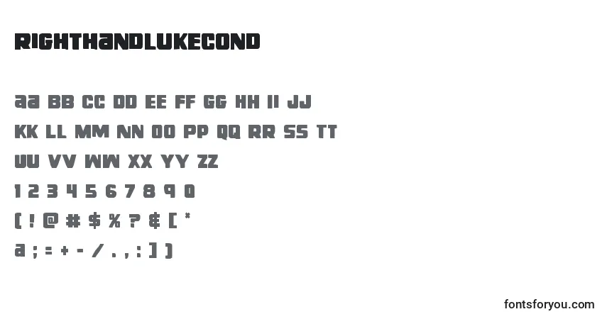 Czcionka Righthandlukecond (138725) – alfabet, cyfry, specjalne znaki