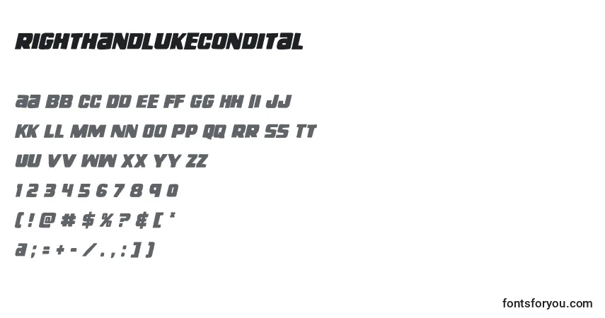 Czcionka Righthandlukecondital (138726) – alfabet, cyfry, specjalne znaki
