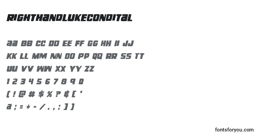 Schriftart Righthandlukecondital (138727) – Alphabet, Zahlen, spezielle Symbole