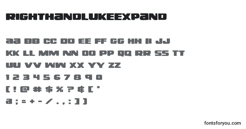 A fonte Righthandlukeexpand (138728) – alfabeto, números, caracteres especiais