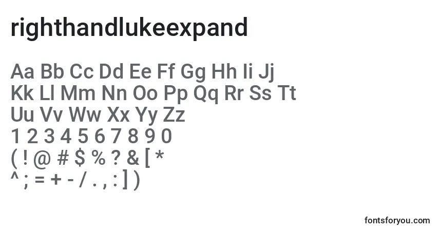A fonte Righthandlukeexpand (138729) – alfabeto, números, caracteres especiais