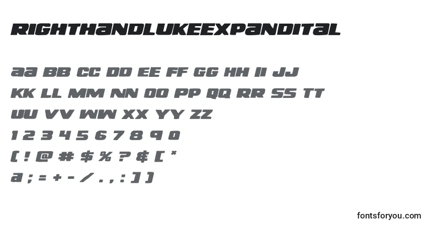 Czcionka Righthandlukeexpandital (138730) – alfabet, cyfry, specjalne znaki