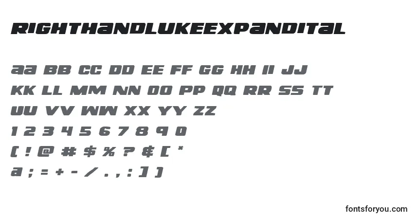 A fonte Righthandlukeexpandital (138731) – alfabeto, números, caracteres especiais