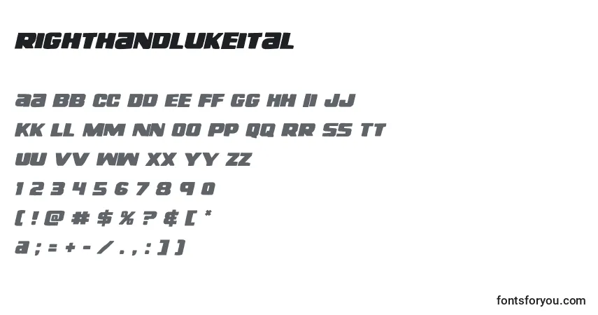 Шрифт Righthandlukeital (138732) – алфавит, цифры, специальные символы