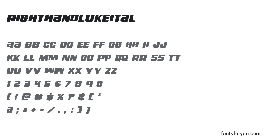 Czcionka Righthandlukeital (138733) – alfabet, cyfry, specjalne znaki