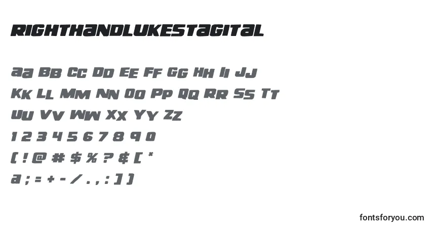 A fonte Righthandlukestagital (138742) – alfabeto, números, caracteres especiais