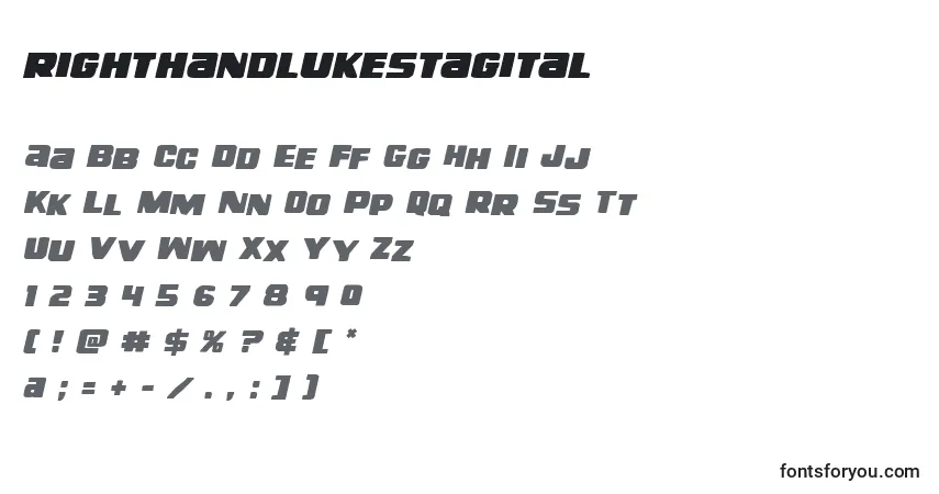 A fonte Righthandlukestagital (138743) – alfabeto, números, caracteres especiais