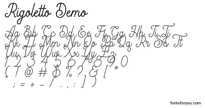 Schriftart Rigoletto Demo – Alphabet, Zahlen, spezielle Symbole