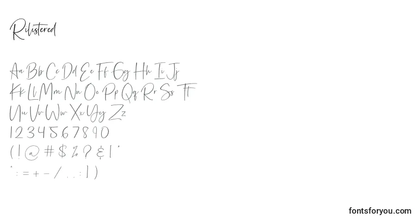 Schriftart Rilistered – Alphabet, Zahlen, spezielle Symbole