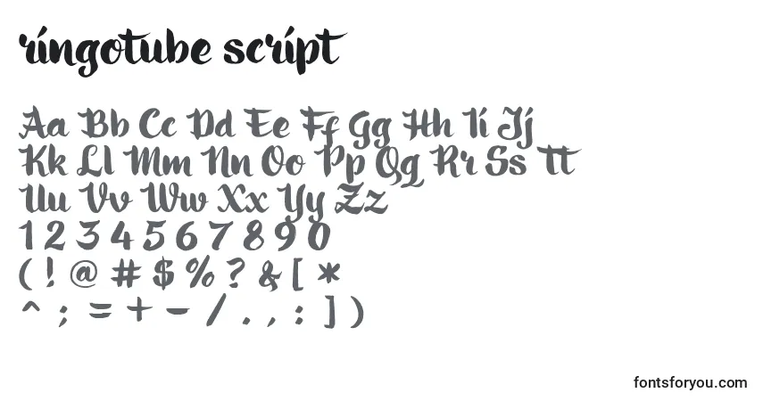 Ringotube script-fontti – aakkoset, numerot, erikoismerkit