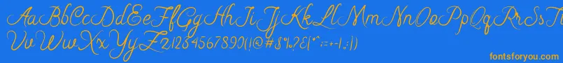 フォントRiska Script – オレンジ色の文字が青い背景にあります。