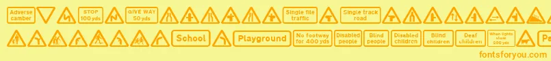 Road Caution Signs Part 1-Schriftart – Orangefarbene Schriften auf gelbem Hintergrund