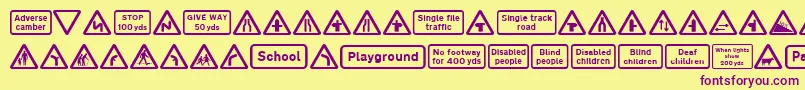 Road Caution Signs Part 1-Schriftart – Violette Schriften auf gelbem Hintergrund