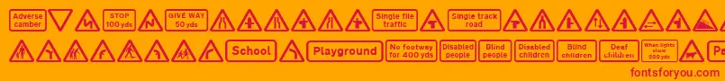 Road Caution Signs Part 1-Schriftart – Rote Schriften auf orangefarbenem Hintergrund