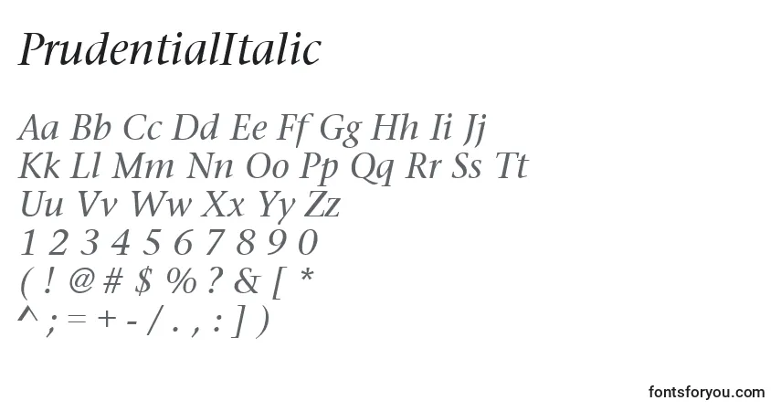 Schriftart PrudentialItalic – Alphabet, Zahlen, spezielle Symbole
