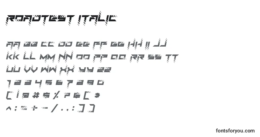 A fonte RoadTest Italic – alfabeto, números, caracteres especiais