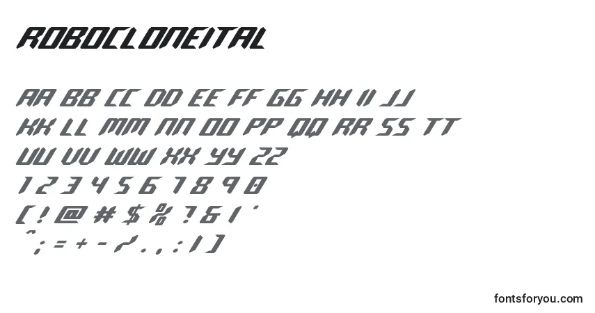 A fonte Robocloneital – alfabeto, números, caracteres especiais