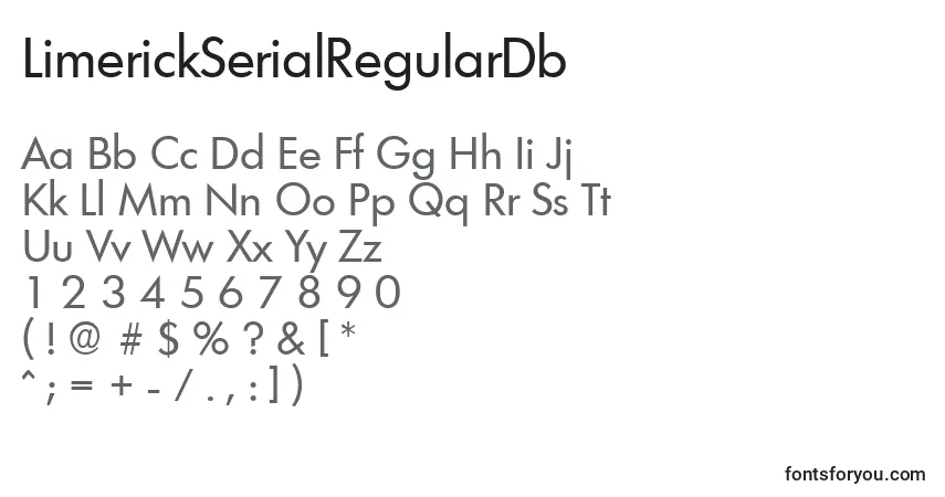 A fonte LimerickSerialRegularDb – alfabeto, números, caracteres especiais