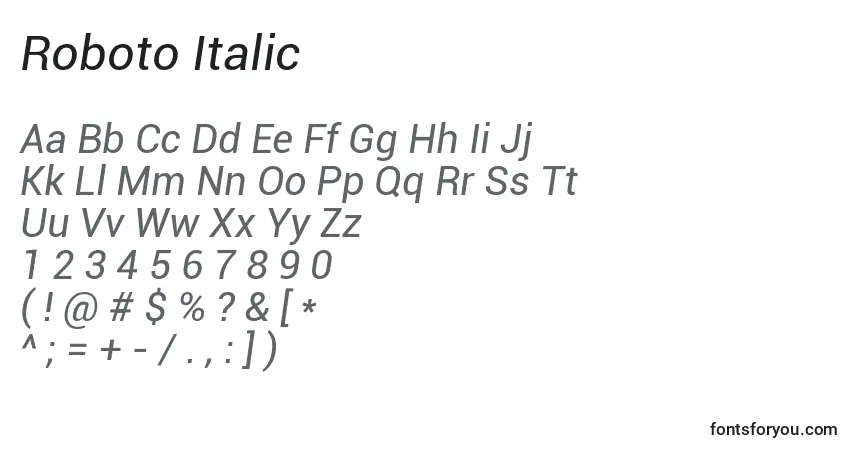 Schriftart Roboto Italic – Alphabet, Zahlen, spezielle Symbole