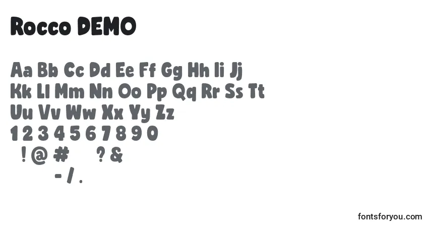Czcionka Rocco DEMO – alfabet, cyfry, specjalne znaki