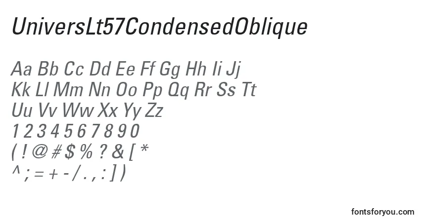 Czcionka UniversLt57CondensedOblique – alfabet, cyfry, specjalne znaki