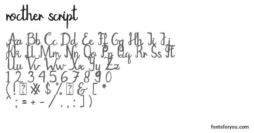 Rocther script-fontti – aakkoset, numerot, erikoismerkit