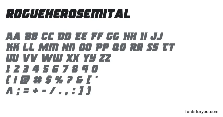 A fonte Rogueherosemital (139028) – alfabeto, números, caracteres especiais