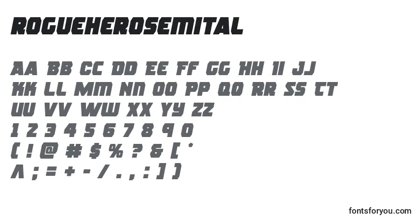 A fonte Rogueherosemital (139029) – alfabeto, números, caracteres especiais