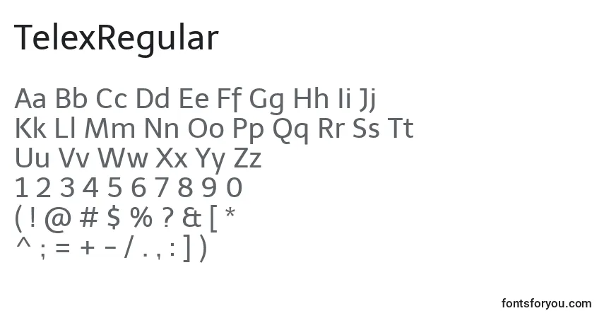 Czcionka TelexRegular – alfabet, cyfry, specjalne znaki