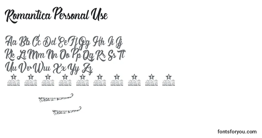 Schriftart Romantica Personal Use – Alphabet, Zahlen, spezielle Symbole
